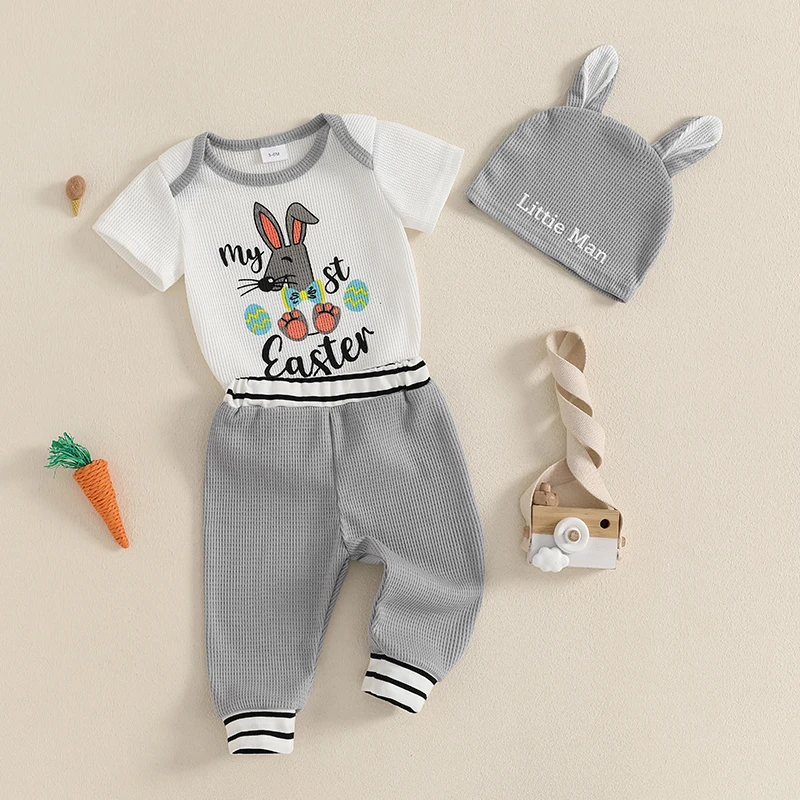 0-18M Baby Boy Easter Outfits Bunny Letter Print Short Sleeve Romper with Stripe Cuffs Long Pants and Hat 3 Pcs Set 2