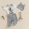 0-18M Baby Boy Easter Outfits Bunny Letter Print Short Sleeve Romper with Stripe Cuffs Long Pants and Hat 3 Pcs Set 2