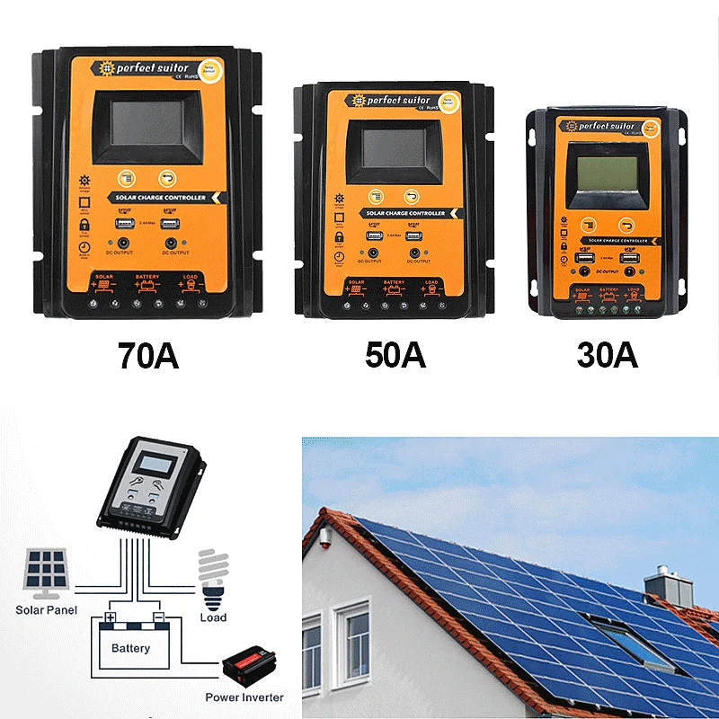 Solar Battery Charge Controller PWM MPPT Adaptive Solar Charge Controller 12V 24V 30A 50A 70A Solar Panel PV Cell Controller Battery Regulator USB DC Port LCD