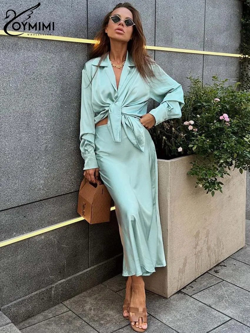 

Oymimi Fashion Green Women Two Piece Set Elegant Lapel Long Sleeve Button Blouse And High Waist Straight Mid-Calf Skirts Sets
