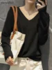 YSZWDBLX Womens Pullovers Sweater Solid Bottoming Shirt V-neck Knitwear Spring Autumn 2024 Basic Korean Sweater Jumpers 2