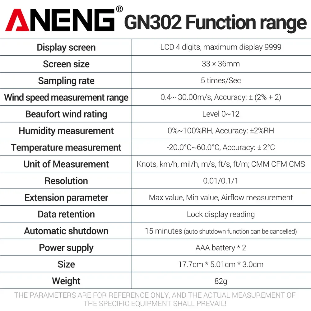 Digital Anemometer Speed Meter ANENG GN302 Handheld Anemometer 9999 Count Digital 0.4~30.00m/s Wind Speed -20.0C~60.0C Temperature Tester