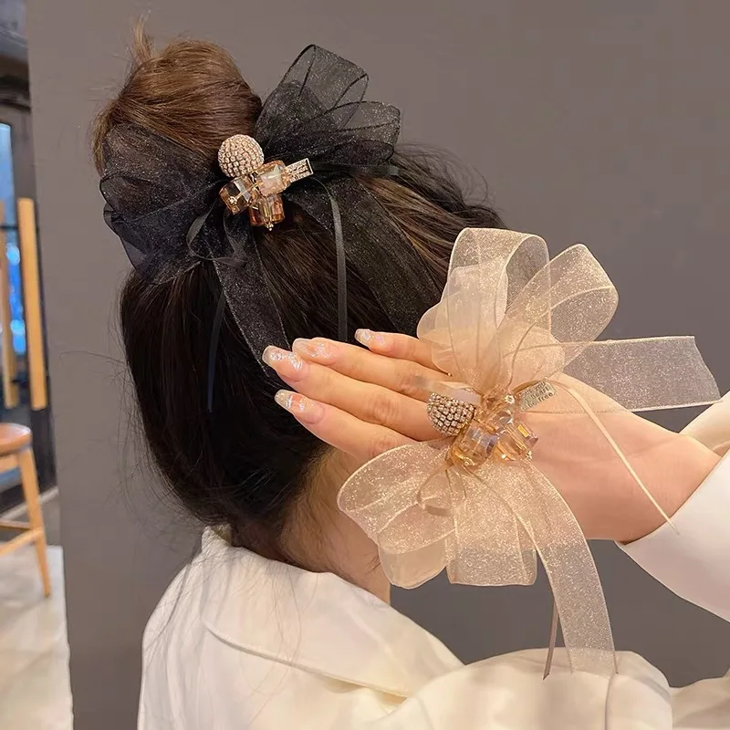 korean transparent organza bow hair claws grab shark girl jewelry headgear girls accessories barettes for women clip clamp Summer 2022 elegant French temperament Organza  Hair Ties Girl Rubber Band Simple streamers Hair Rope Accessories