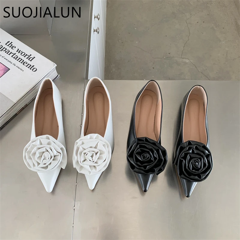 

SUOJIALUN 2023 Autumn Women Flat Shoes Fashion Big Flower Ladies Ballerinas Shoes Pointed Toe Shallow Slip On Dress Flat Ballet