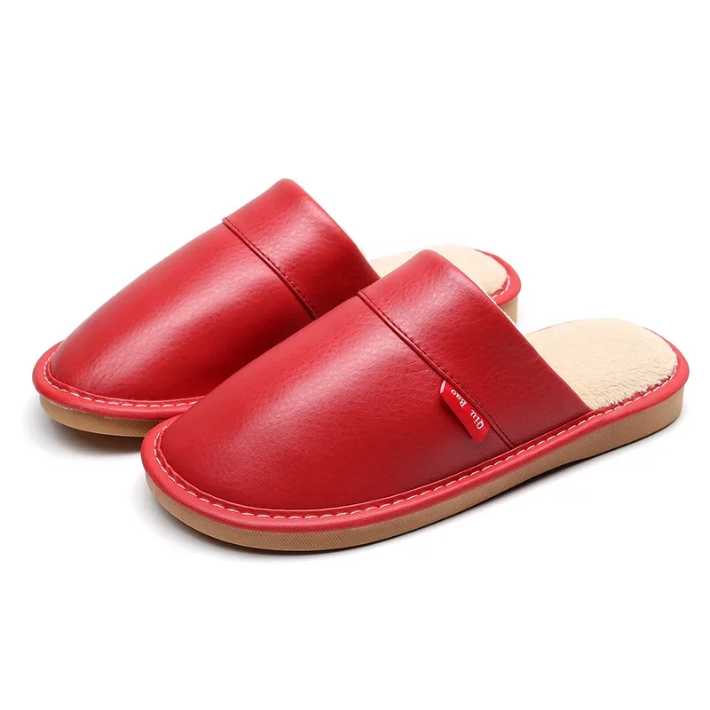 Cotton Slippers Women  Big Sizes PU Leather Home Men Indoor House for Men's Slippers Women Man Slipper Luxury Warmer Flat Shoes