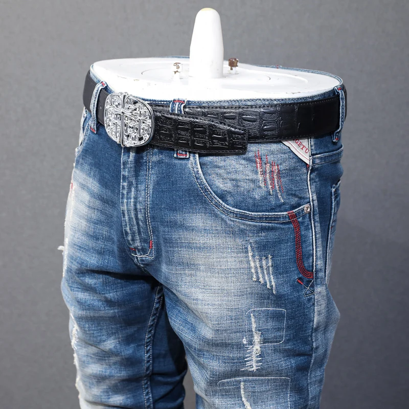 High Street Fashion Men Jeans Retro Blue Elastic Slim Fit Embroidery Patched Vintage Ripped Jeans Men Hip Hop Denim Pants Hombre