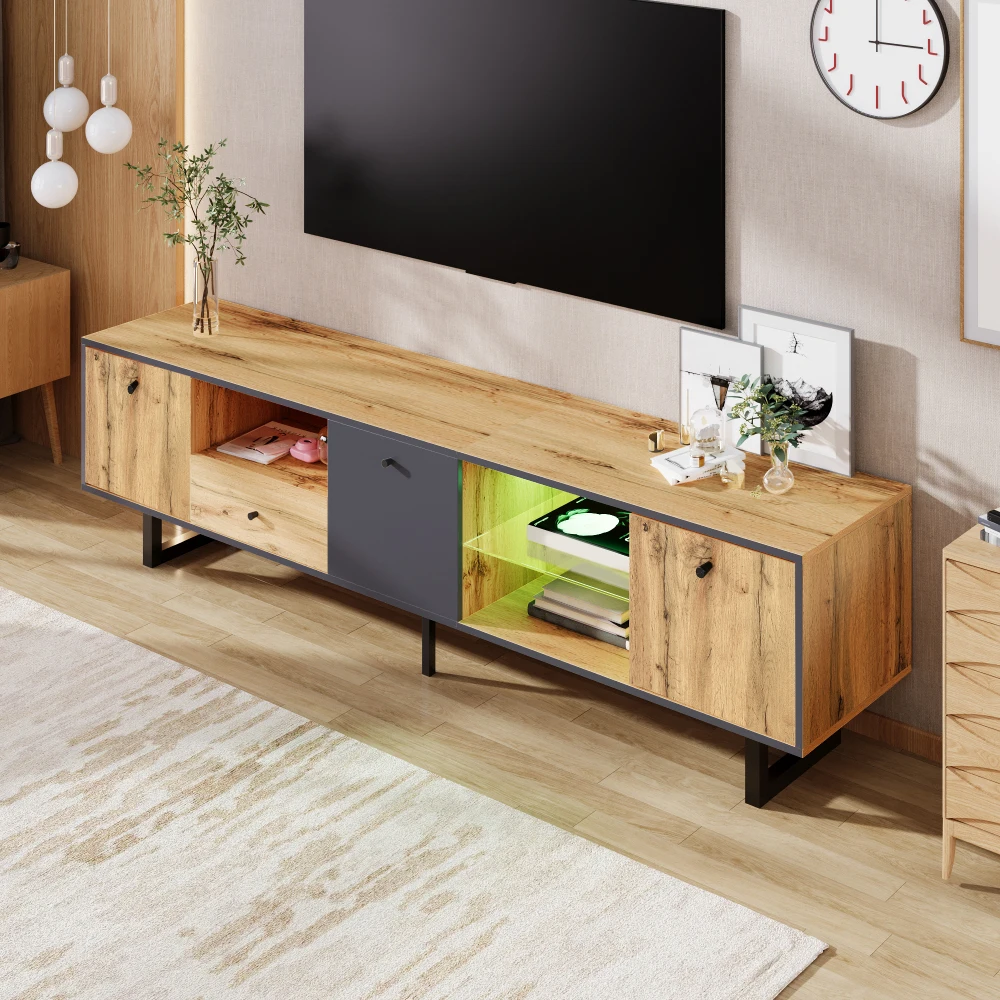 PINGGO TV-Ständer Lowboard mit LED-Lichteffekt Glaspartition Puffer-Scharnier Farblich Abgestimmtes Design Moderner Wohnzimmerschrank – Detail 7