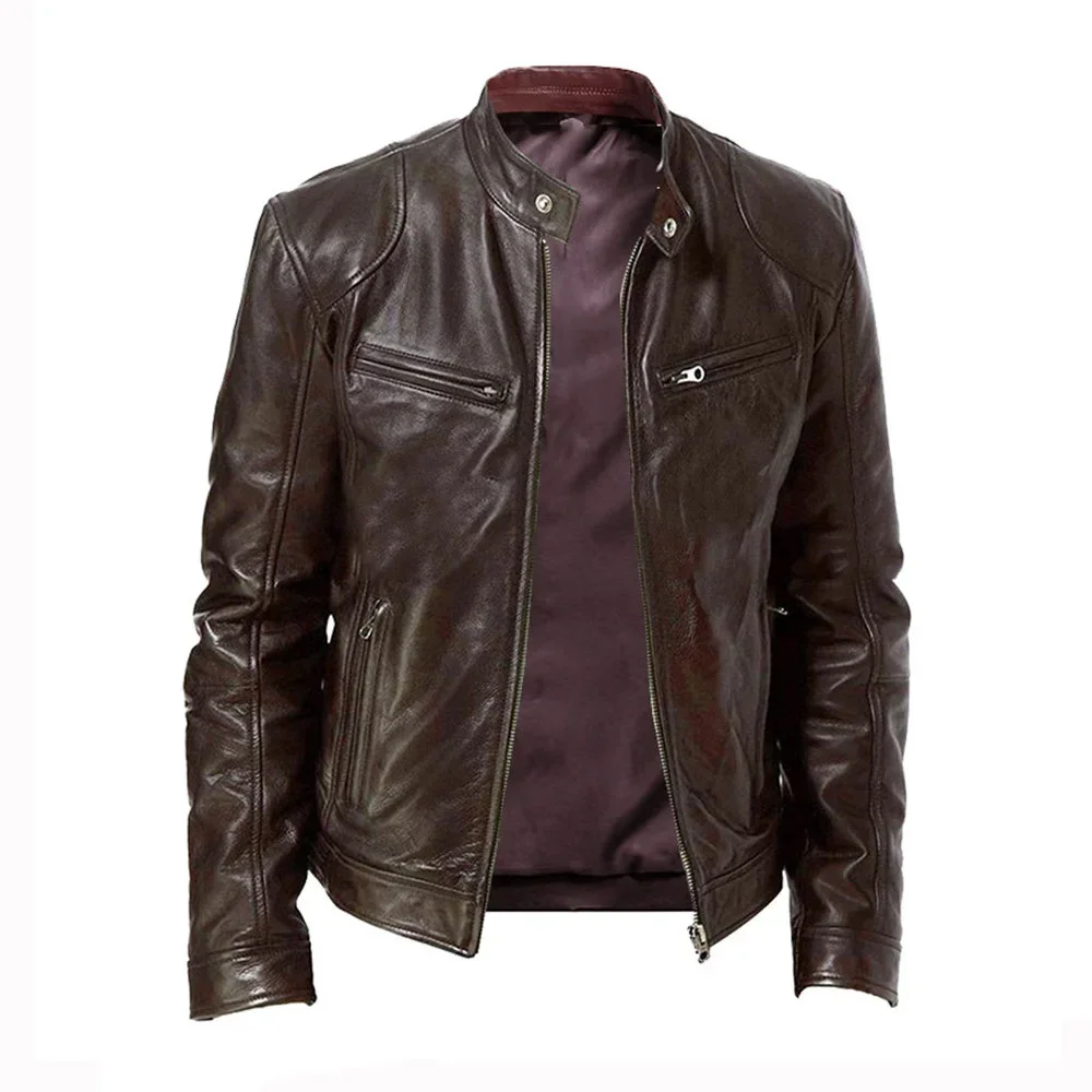 Zipper Pocket Decorative PU Coat Biker Men Clothes Casual Male New Spring Mens Stand-up Collar Slim Leather Jacket
