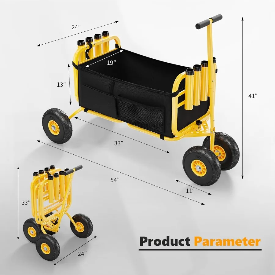 Beach Fishing Cart with 11 Big NOFlat Airless Tires for Easy Transport on Sand Foldable Beach Wagon Trolley Featuring Large Car