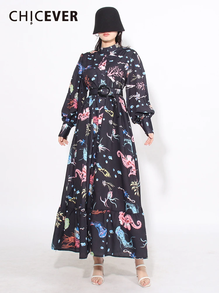 

CHICEVER Casual Colorblock Patchwork Belt Dresses For Women Stand Collar Lantern Sleeve High Waist Vintage Printing Dress Female