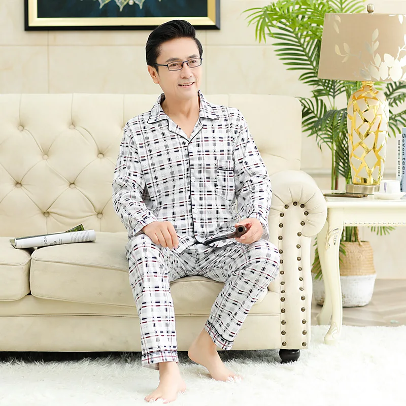 Autumn Winter Men's Knitted Cotton Pajamas Lapel Long Sleeve Cardigan Large Size Loose Printed Home Clothing Set