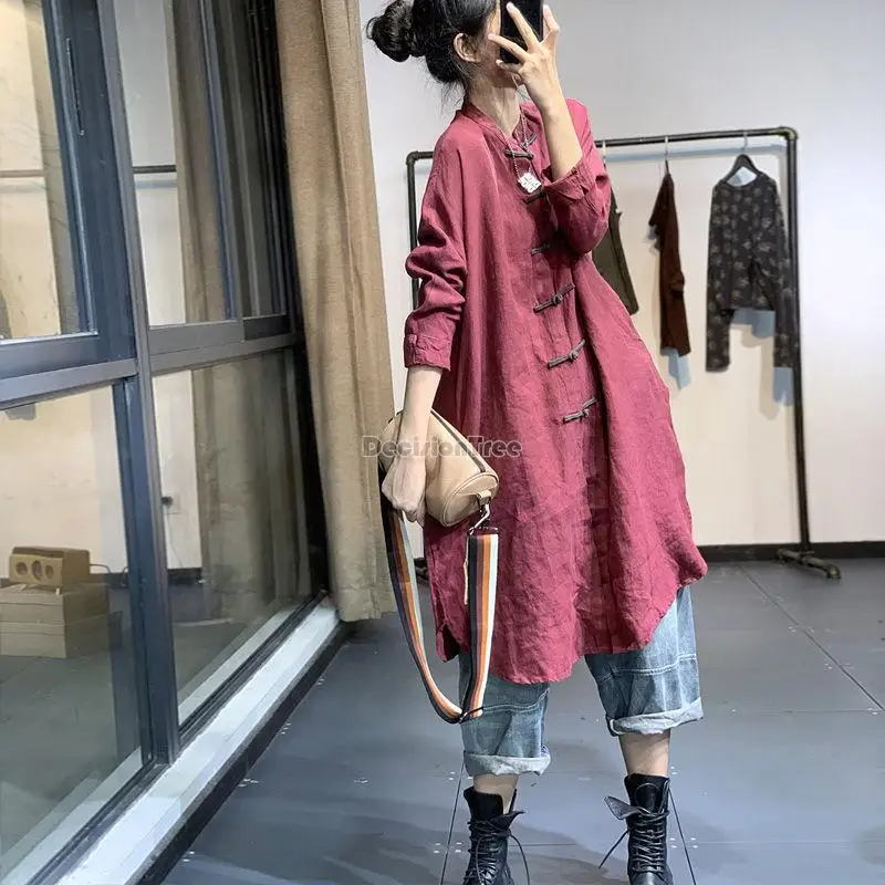 Chinese Style Qipao Button Design Long Coat Dress Casual Retro Style Women Loose Casual Daily Cheongsam Blouse g579 chinese traditional suit