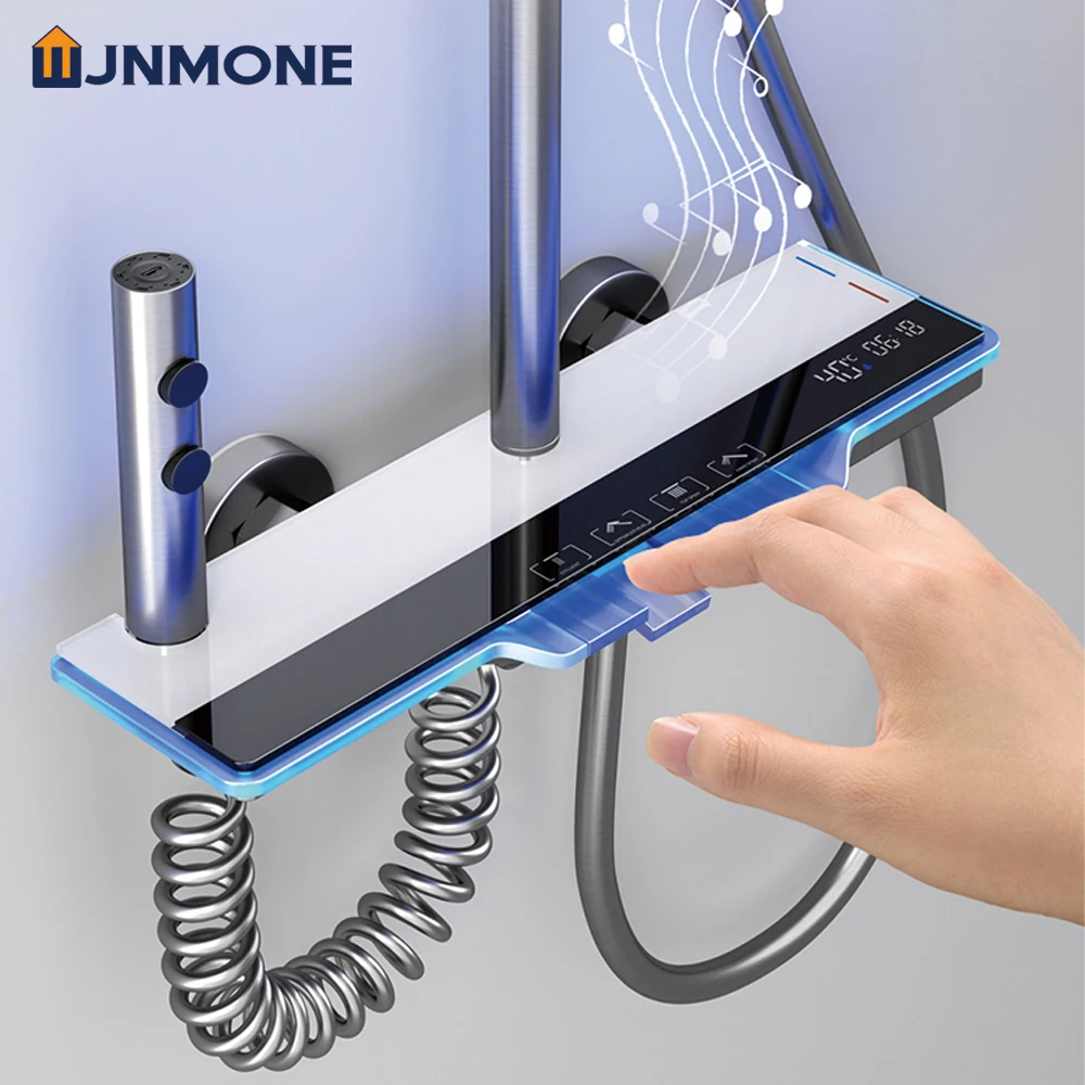 แผงกระจกนิรภัยระบบฝักบัวจอแสดงผล LED ห้องน้ําก๊อกน้ําอ่างอาบน้ําร้อนเย็นน้ําตกสายฝน 4 ทิศทางชุด 1