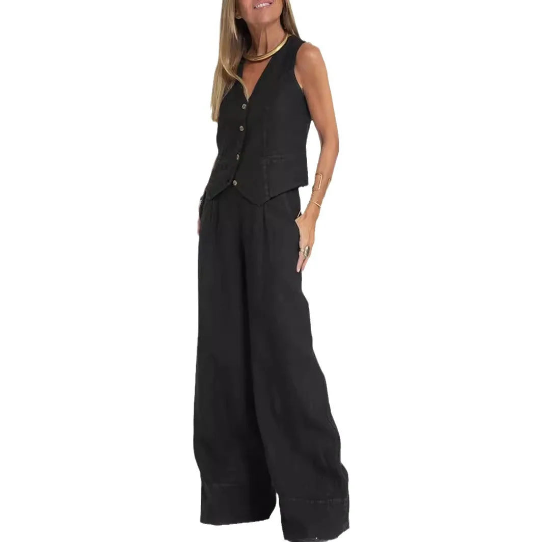 Women Elegant Solid Waistcoat Pant Sets Single Breasted V Neck Vest Top + High Waist Slim Long Pants Lady Office Wear Suits