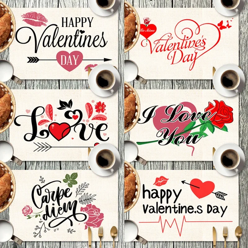 

32x45cm Valentine's Party Linen Placemat Cheer 14th Feburary Festival Party Love You Happy 2024 Valentine's Day Tableware Mat