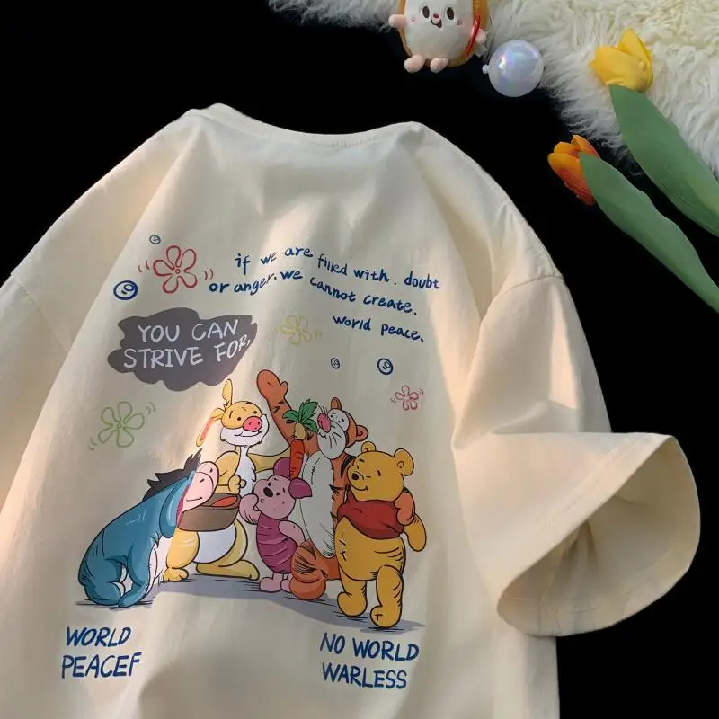 Kawaii Disney Pooh Bear Short-Sleeved T-Shirt 100% Cotton Summer Cartoon New Loose and Versatile Half-Sleeved Couple Style