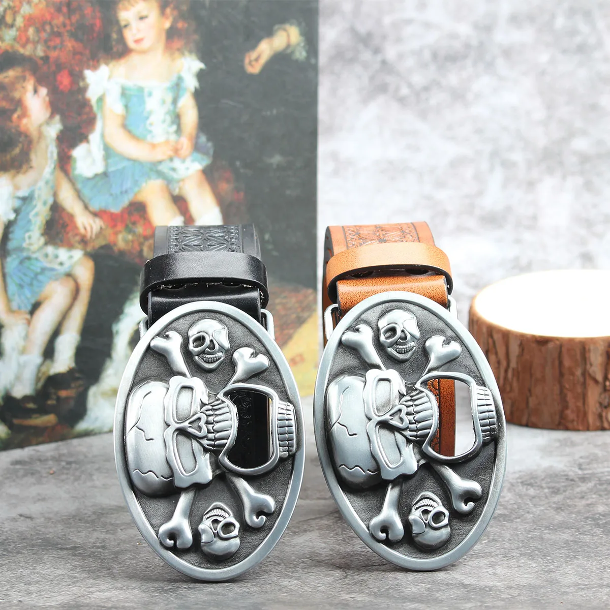 

Three skeletal bones intersecting3.7cm wide men's and women's Western bull head denim style bull scalprendy belt smooth buckle