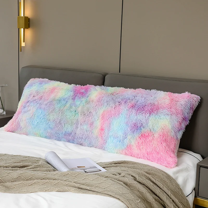 Super Soft Long Pillowcase Faux Fur Plush Pillow Cover Rainbow Colorful