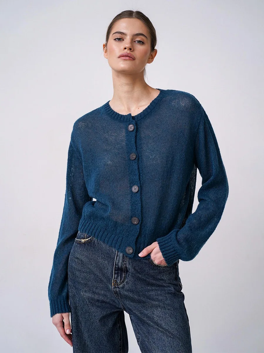 Bornladies Women's Solid Color Knit Cardigan Minimalist Design Button Front Short Style Casual Autumn Winter Sweaters