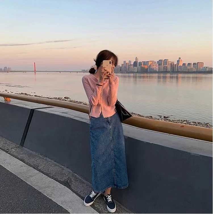 Maternity Skirt For Pregnant Women Denim Cotton Side Slit Medium Length Slimming Outerwear For Summer Spring Autumn