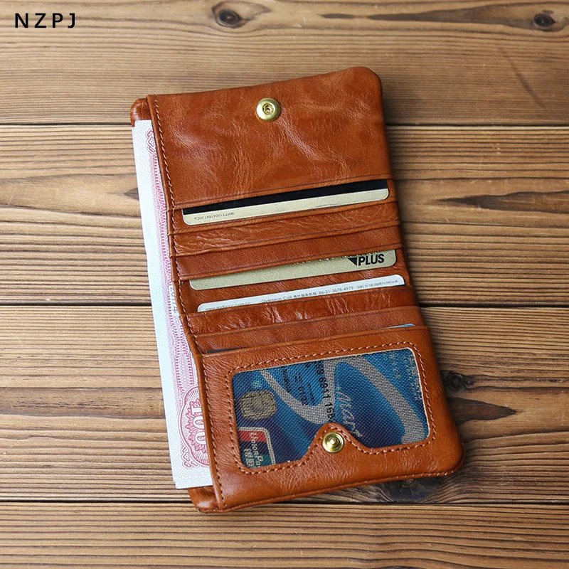 NZPJ Vintage Genuine Leather Wallet Natural Top Layer Cowhide Men's Wallet Ladies Card Holder Coin Purse