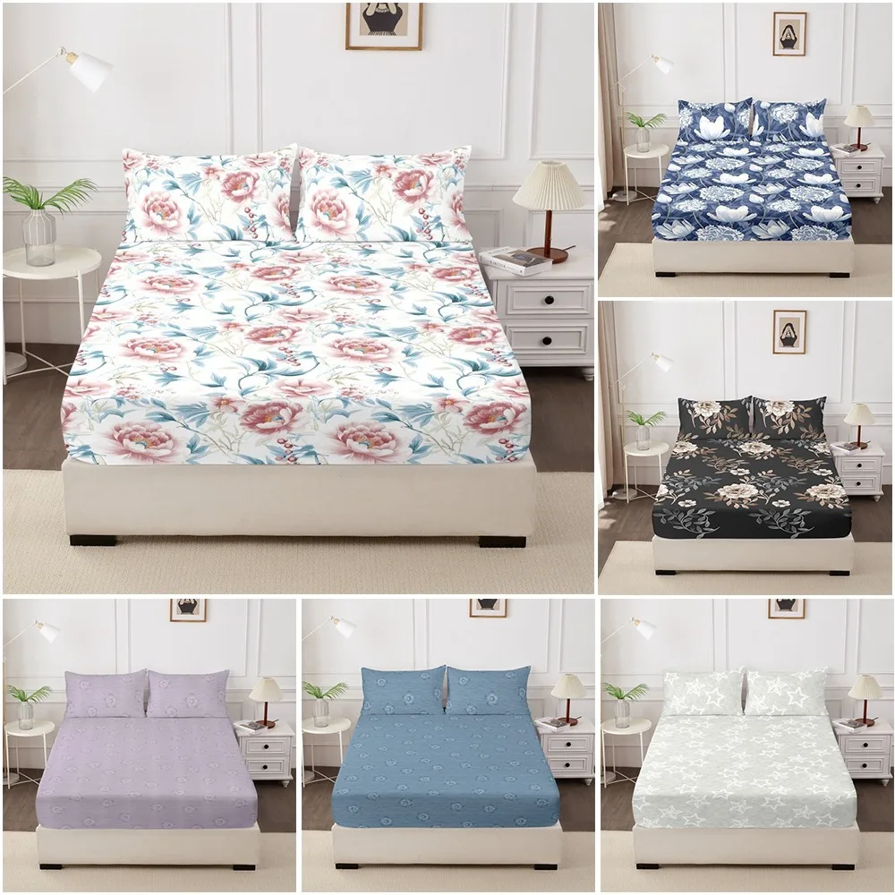 3pcs Bedding Fitted Sheet and Pillowcases Set Elastic Band Around Mattress Cover King Size Bed Cover Wrinkle-Resistant Easy Care 1