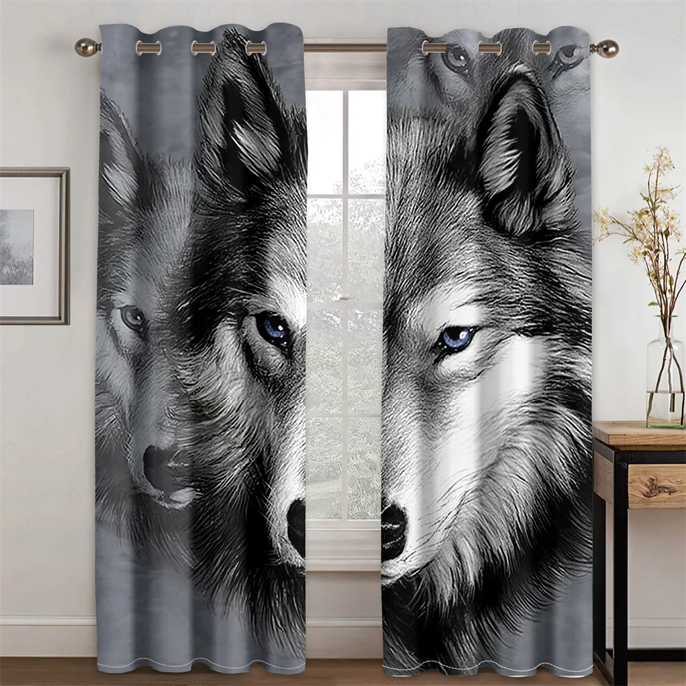 

3D Print Cheap Animal Wolf Psychedelic Black White Art 2 Pieces Shading Window Drape Curtain for Living Room Bedroom Decor Hook