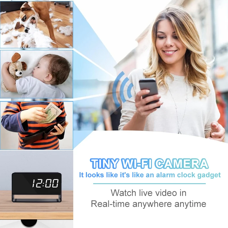 Mini 1080P Camera Clock Wireless Clocks Cameras HD WiFi Surveillance Security Cam Night Vision 12/24 Hour Detection Alert