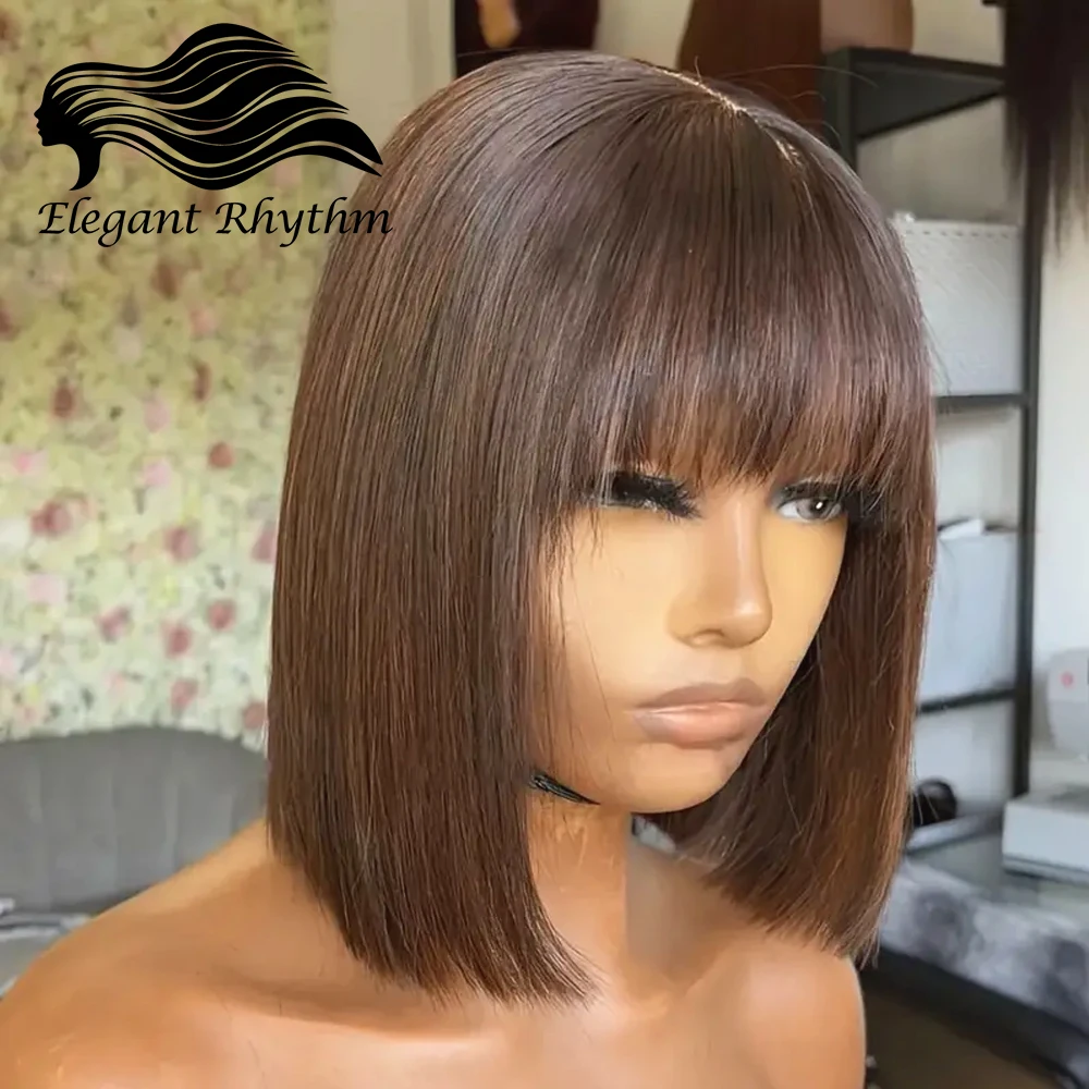 

Dark Brown Straight Bob Human Hair Wigs With Bangs Natural Black 99J Burgundy Lace Top Glueless Short Bob Wigs for Black Women