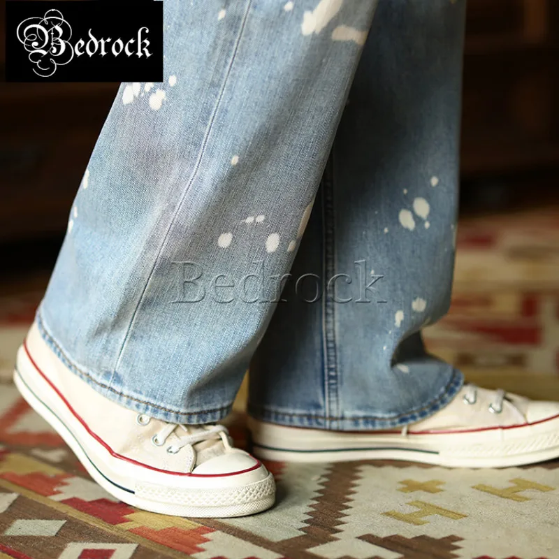 MBBCAR 11oz Summer Jeans Men Boot Cut Vintage Spicy Ink Print Flare Trousers Light Blue Selvedge Denim Bell-bottoms Jeans 7497