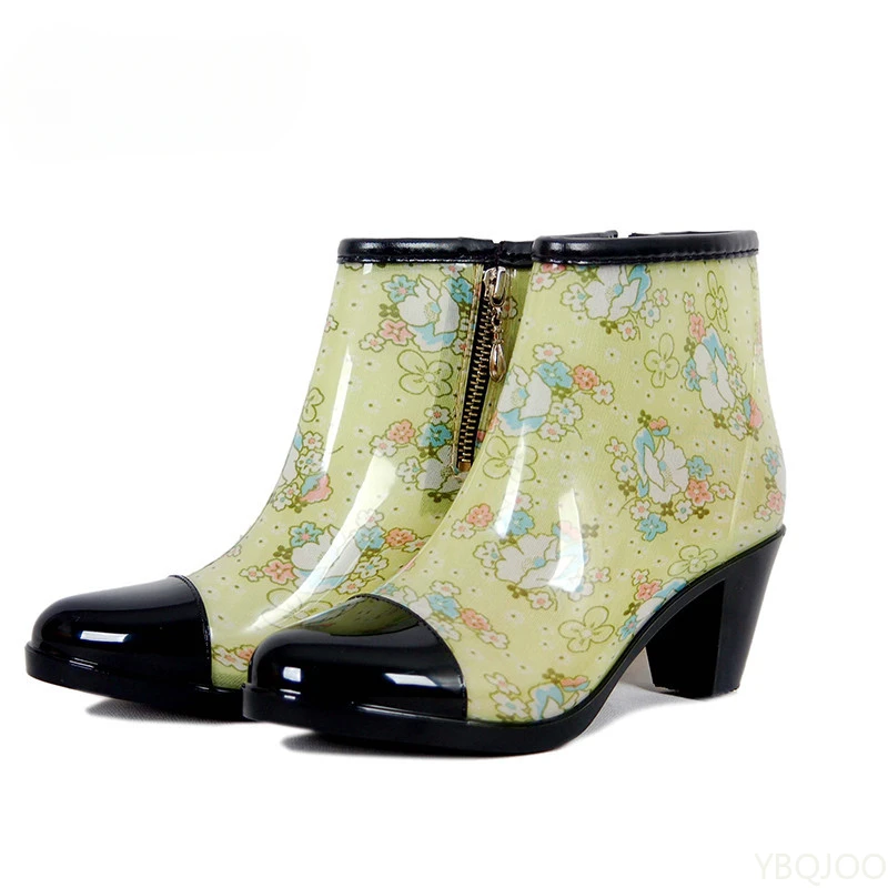 Ladies Chunky Heels Rubber Shoes Luxury Designer Rain Boots Women Waterproof Pvc Ankle Garden Work Boot Rainshoes Footwear