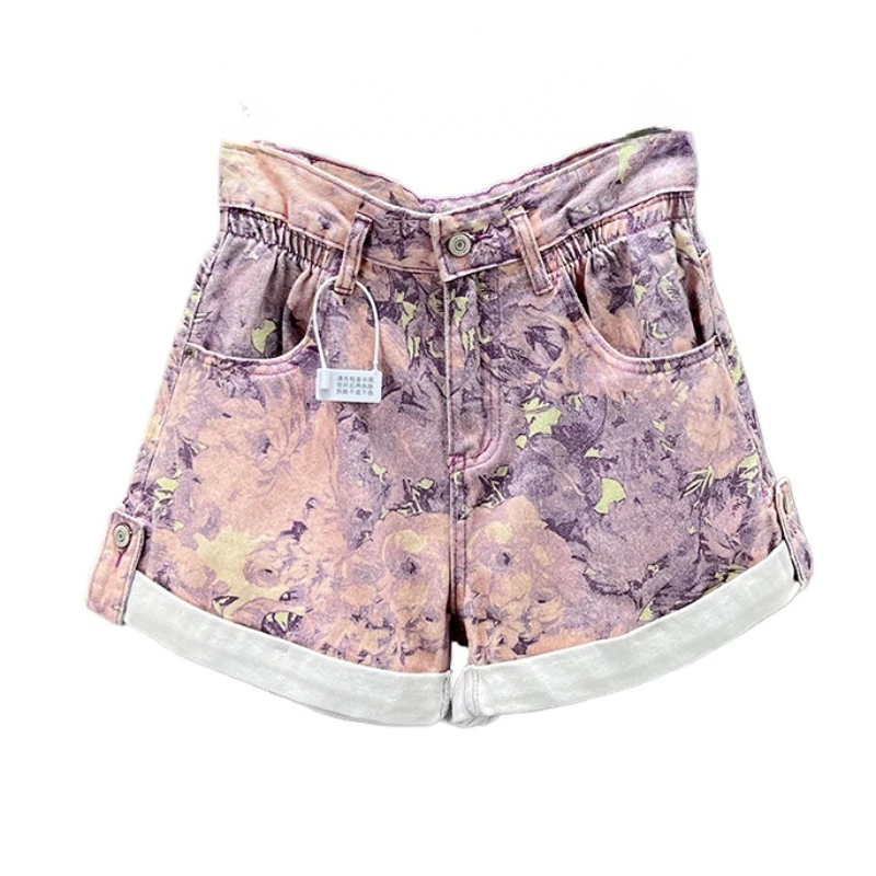 Chinese Style Printed Denim Shorts for Women 2024 New Summer High Waist Loose and Slimming Flanging A- Line Wide-Leg Hot Pants