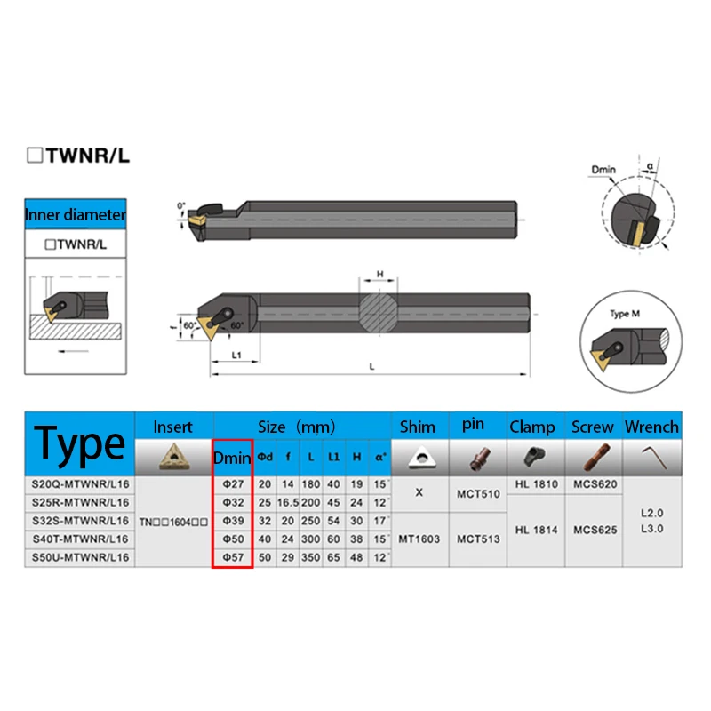 KaKarot 내부 선삭 공구 홀더 S16Q-MTWNR16 S20R-MTWNR16 S32T-MTWNR16 초경 인서트 TNMG 160404 선반 절삭 공구