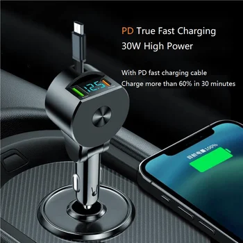 3-in-1 Retractable PD30W Super Fast Car Charger with USB & Type-C Extendable Cable 1