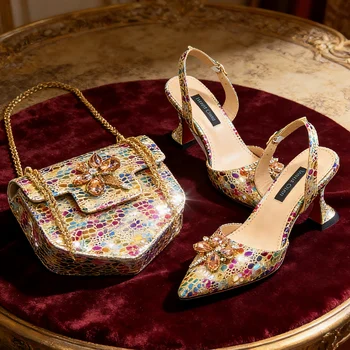 2026 Gold Color Thin Heels Pointed Toe Crystal Design Ladies Shoes Matching Bag Set For Women Weeding Party Pump 1