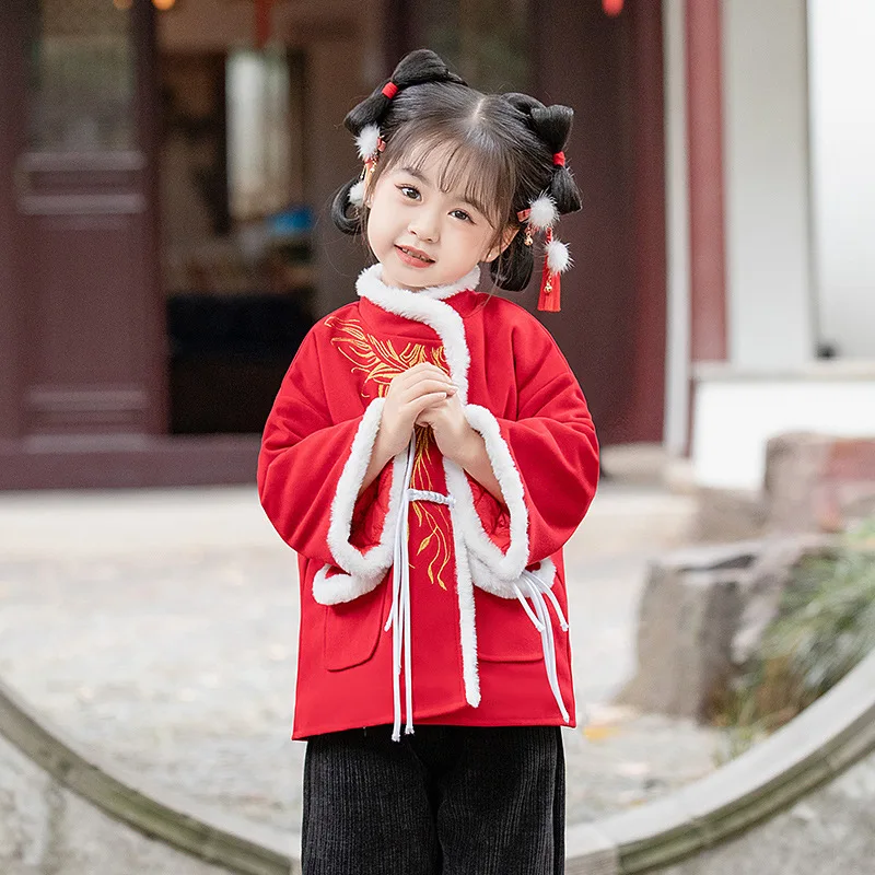

Зимняя одежда Hanfu для девочек, зимняя новогодняя Одежда для девочек, одежда Tang для девочек, детская утепленная одежда в китайском стиле на новый год