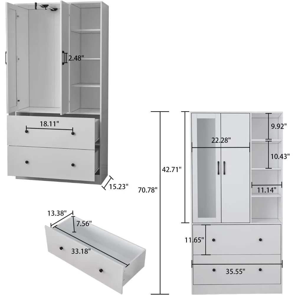 Wooden closet armoire with mirror, 2 doors, 2 drawers, 4 open storage cubes,and hanging rod for bedroom.35.5"L x 15.8"W x 70.8"H 2