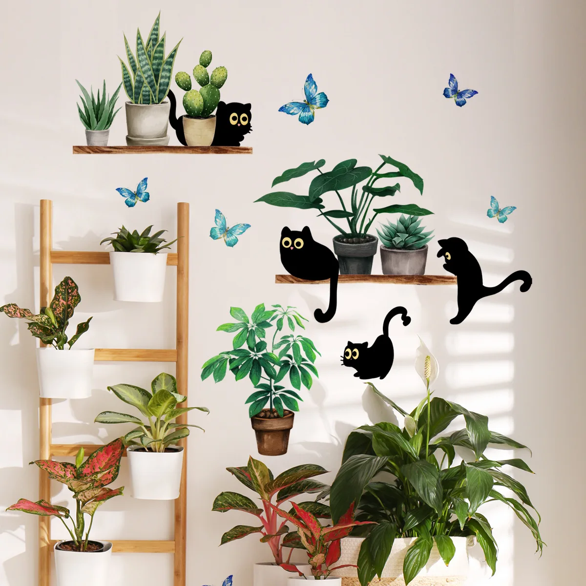 30*60cm Green Plant Potted Kitten Cartoon Wall Sticker Creative Background Wall Living Room Room Decoration Mural Wall Sticker