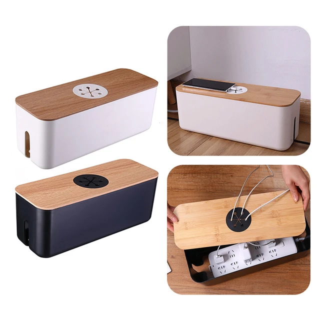  Paquete de 2 cajas grandes para organizar cables, caja  organizadora de cables de estilo madera y cubierta para cables de TV,  computadora, enrutador, concentrador USB y regleta de alimentación debajo  del