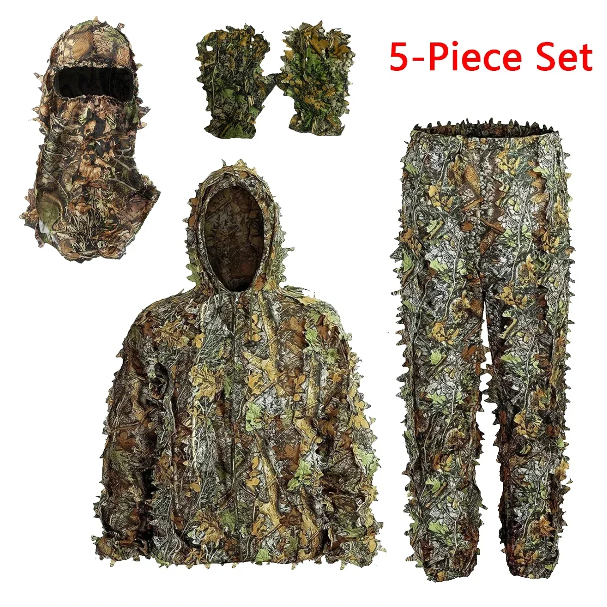 5 in 1 Ghillie Suit Breathable Camouflage Suit for Men Women Lightweight Hooded Wild Leafy Design Woodland Hunter Ghillie Suits