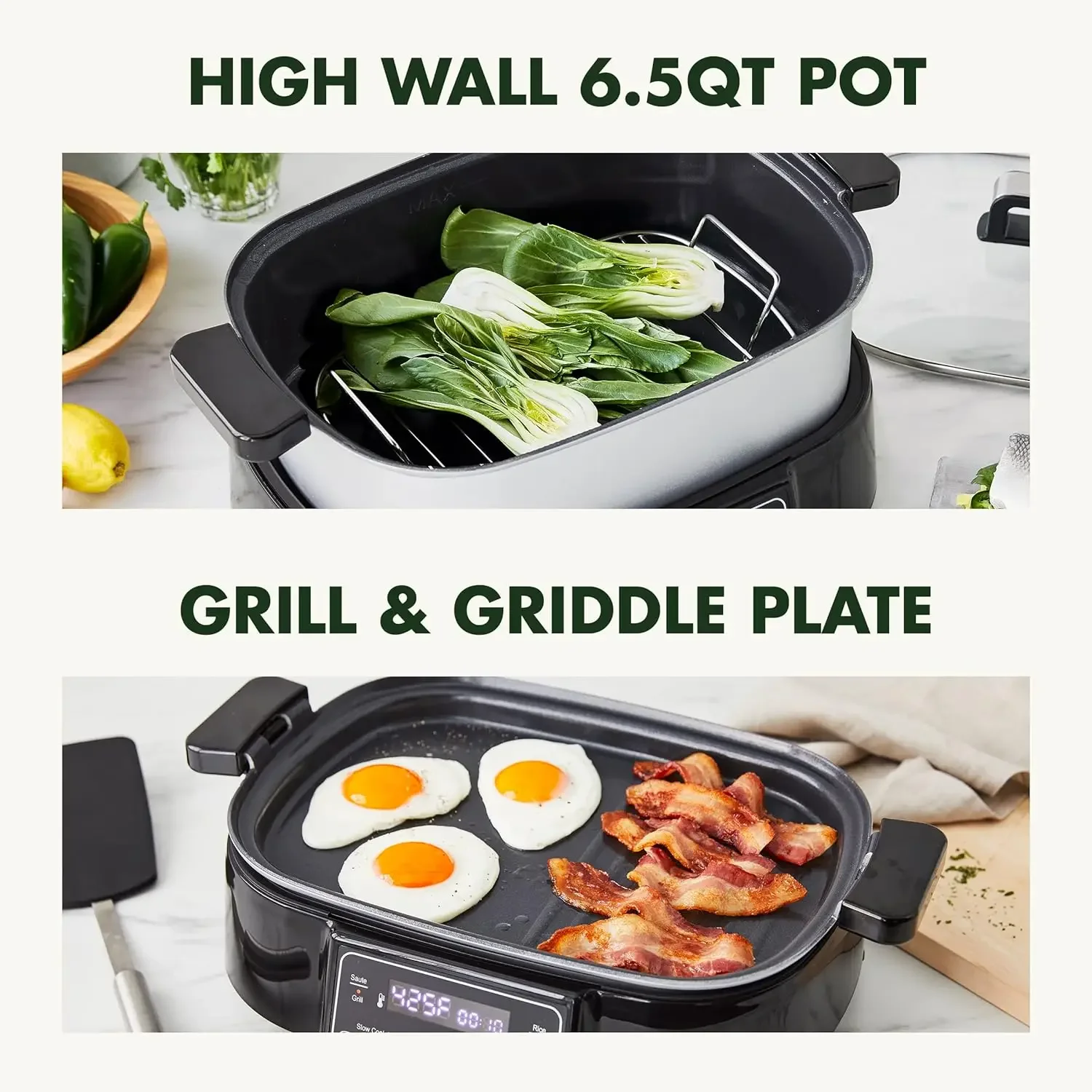 Stainless Steel 8-in-1 Skillet Grill & Slow Cooker, Presets to Saute Steam Stir-Fry and Cook Rice, Healthy Ceramic Nonstick and 5