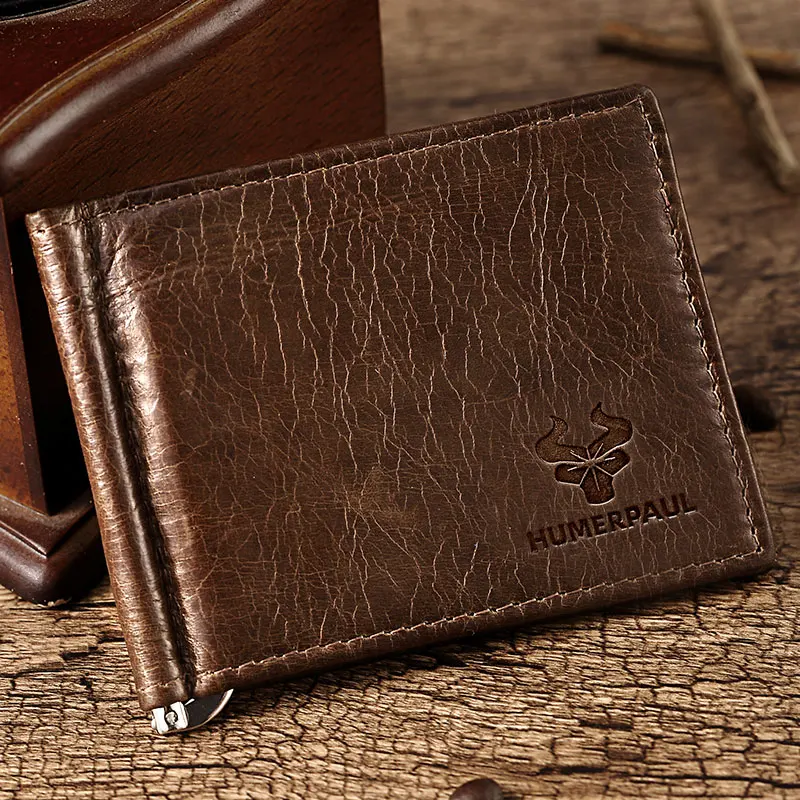 Ultra-thin Men's Money Clip Wallet Vintage Genuine Leather Bifold Card Holder Purse Mini High Quality Male Money Purse Cartera 4