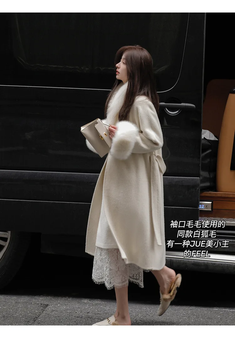 Women Fox Fur V Neck Long Coat Loose Poncho Trench Winter Thick Warm Cardigan Overcoat Woolen Streetwear Cloak With Belt