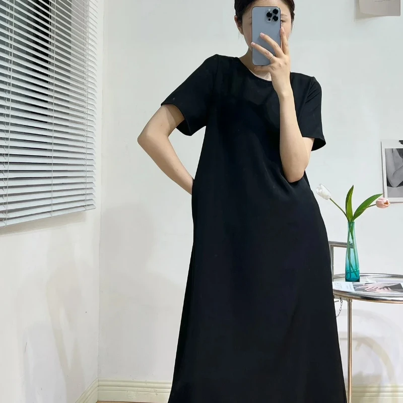 new-fashionable-high-elastic-black-simple-style-short-sleeved-long-dress-2023-spring-and-summer