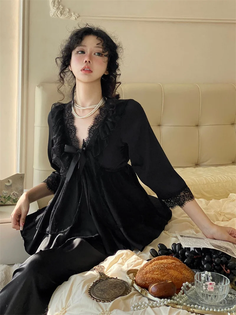 Spring New Lace Pajamas Suit Princess Style Nightwear Rayon Stain Solid Long Sleeve Deep V-Neck Home Clothes 6
