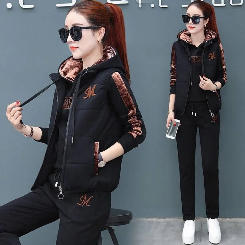 2024 Autumn Winter New Women's Casual Sweat Suit Fashion Plush Thickened Hooded Tops Waistcoat Pants 3 Three Piece Set For Women 4