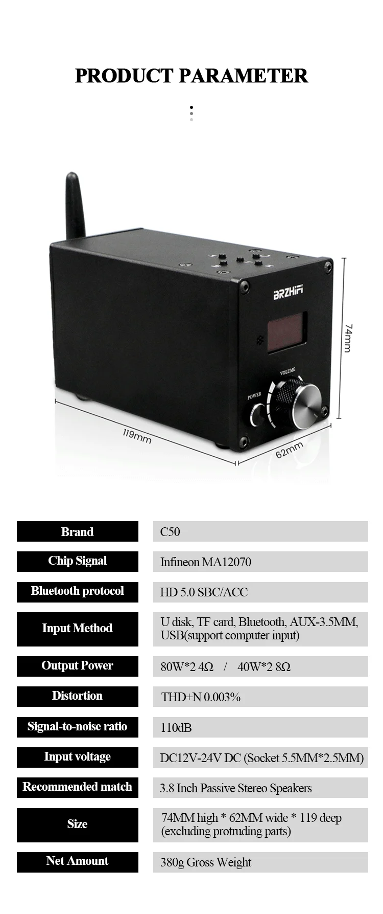 3000 watt amp BRZHIFI Audio C50 Bluetooth 5.0 Infineon MA12070 HIFI Player Card Digital Power Amplifier 80W*2 U Disk/TF Mini Sound Stereo Amp multi zone amplifier
