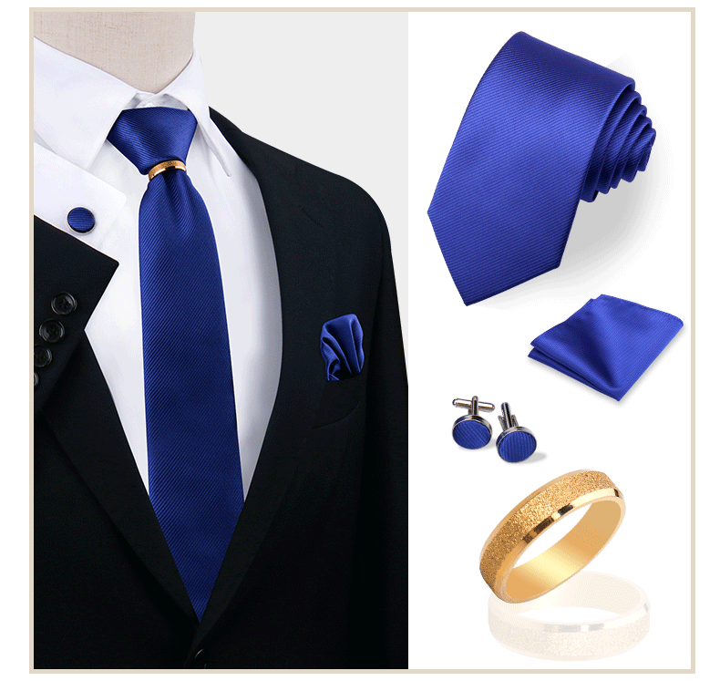 Luxus-Krawattenset in Uni-Farbe für Herren, Krawatte, Taschentuch, Manschettenknöpfe mit goldenem Metallring, Brosche, Anzug, Hochzeit, Herren-Accessoires – Detail 30