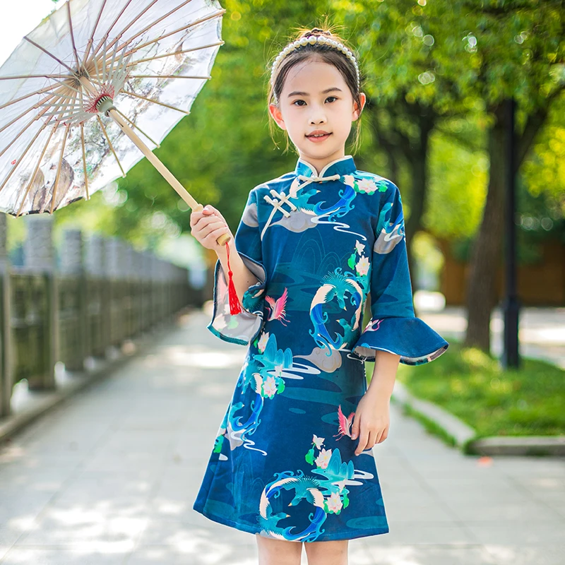 2024 Girls Blue Qipao Dress Mandarin Collar Three Quater Petal Sleeve Cheongsam Chinese Traditional Clothes For Kids Chi-pao