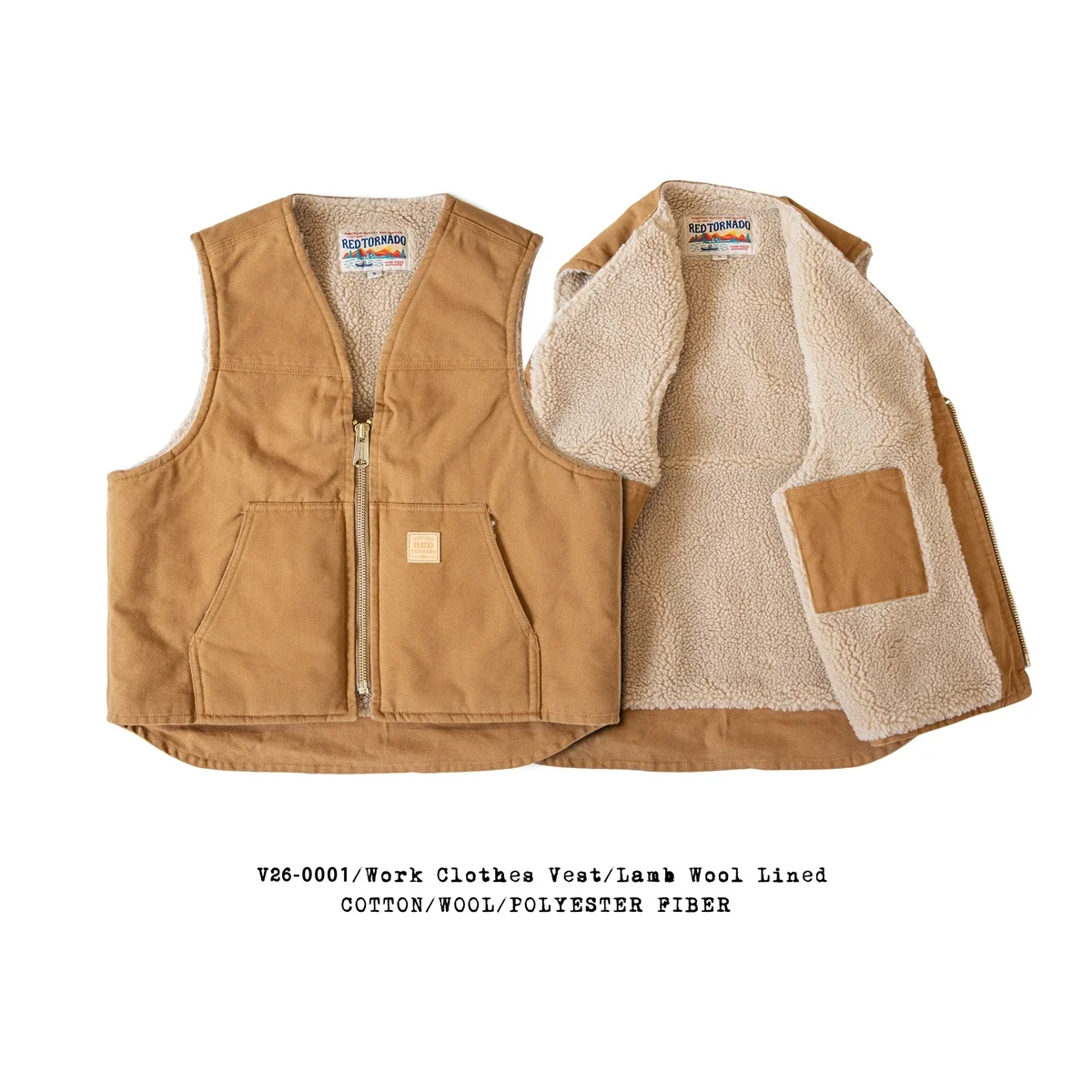 Red Tornado Washed Duck Sherpa Lined Work Vest Vintage Fashion Relaxed Fit Zip Waistcoat 5